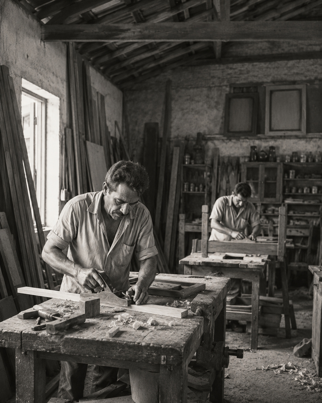 Artesão trabalhando a madeira na marcenaria da família