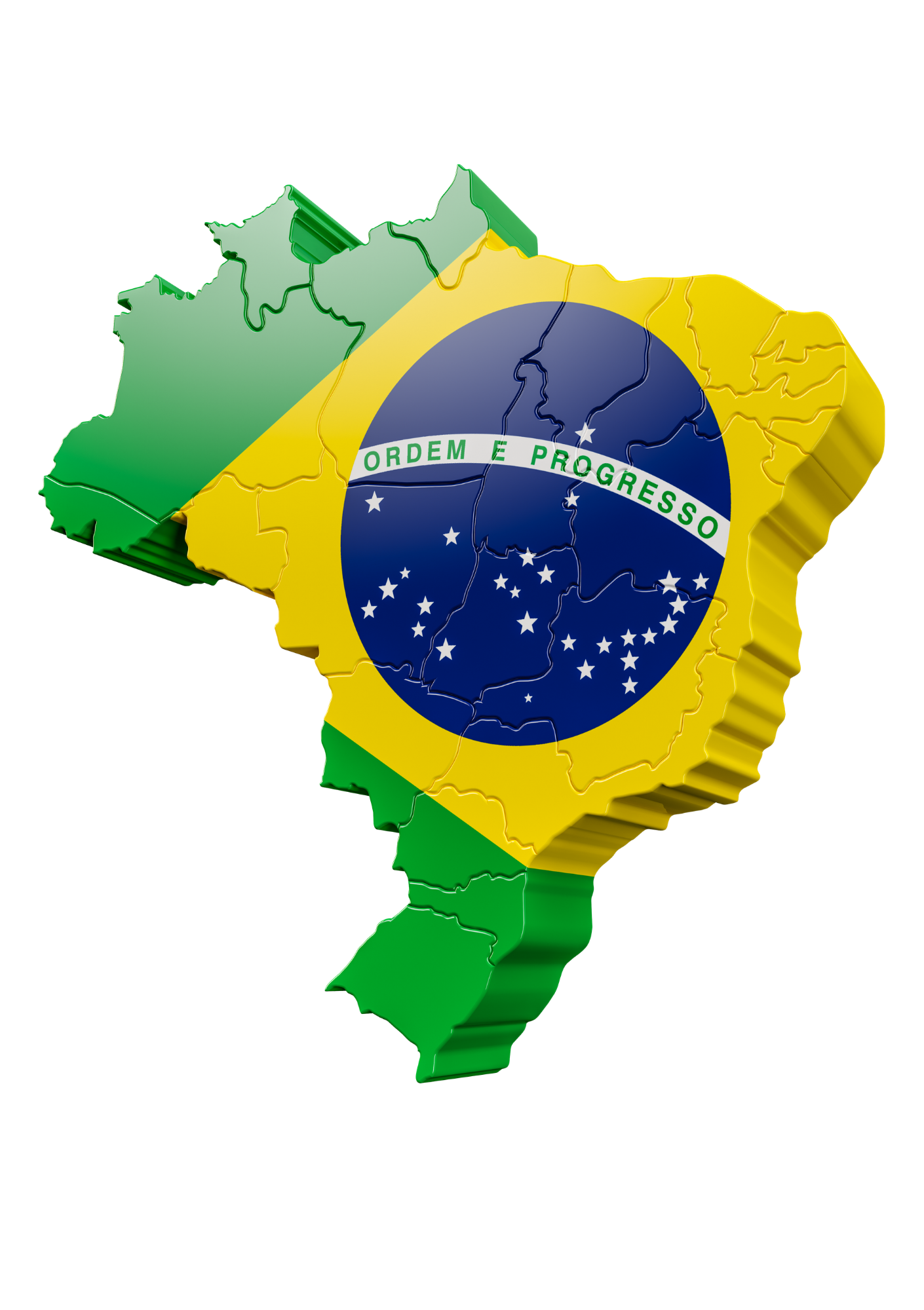 Mapa do Brasil com a bandeira nacional em relevo 3D