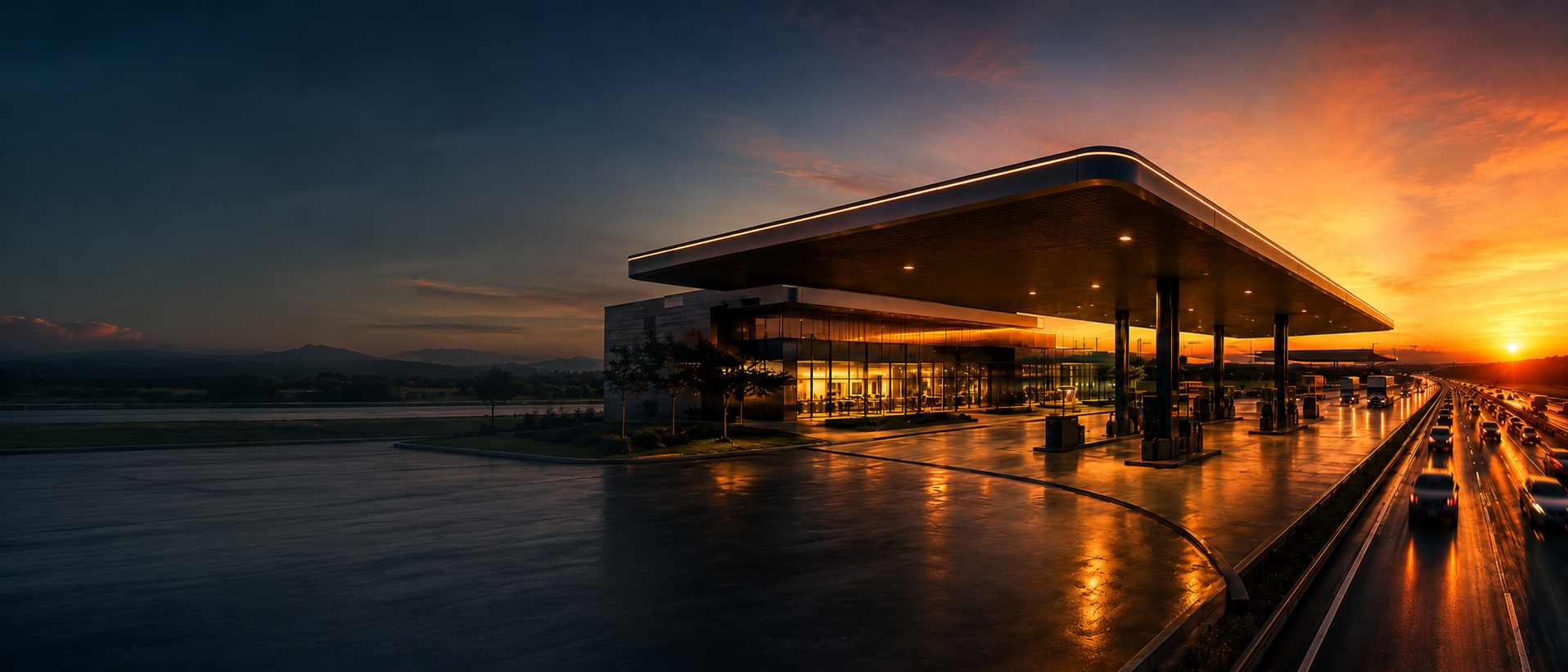 Posto de combustível moderno ao pôr do sol